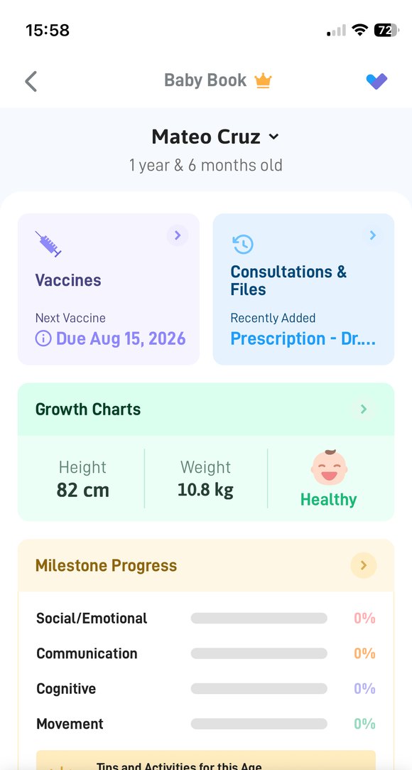 The NowServing Baby Book screen for a child aged one year and six months: the next vaccine due date, the consultations and files card, the growth chart summary with height, weight and a Healthy label, and the milestone progress bars.