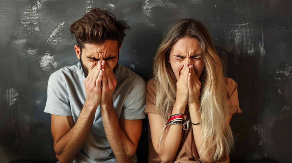 man and woman showing signs of respiratory allergy