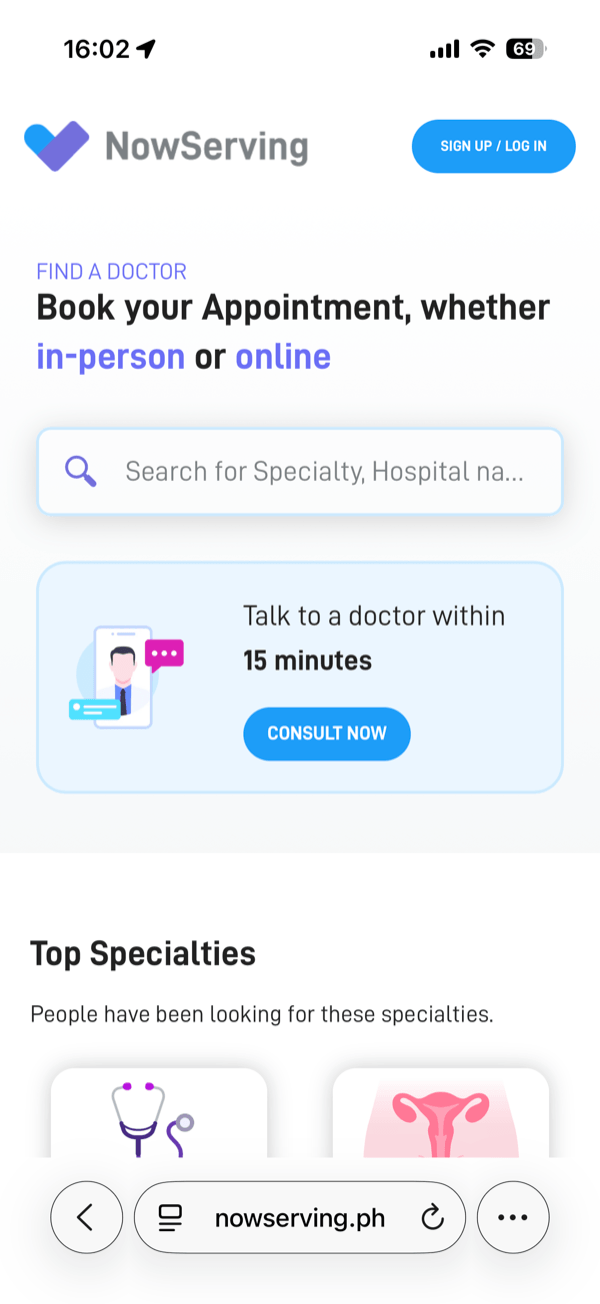 The NowServing booking screen on a phone, showing doctor search and a Consult Now option